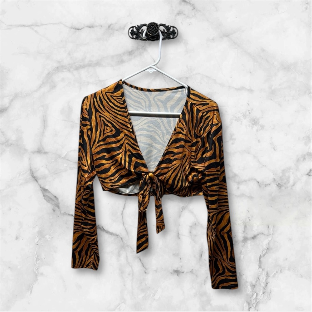 Tiger animal Print Long Sleeve Tie-Front crop Top XL